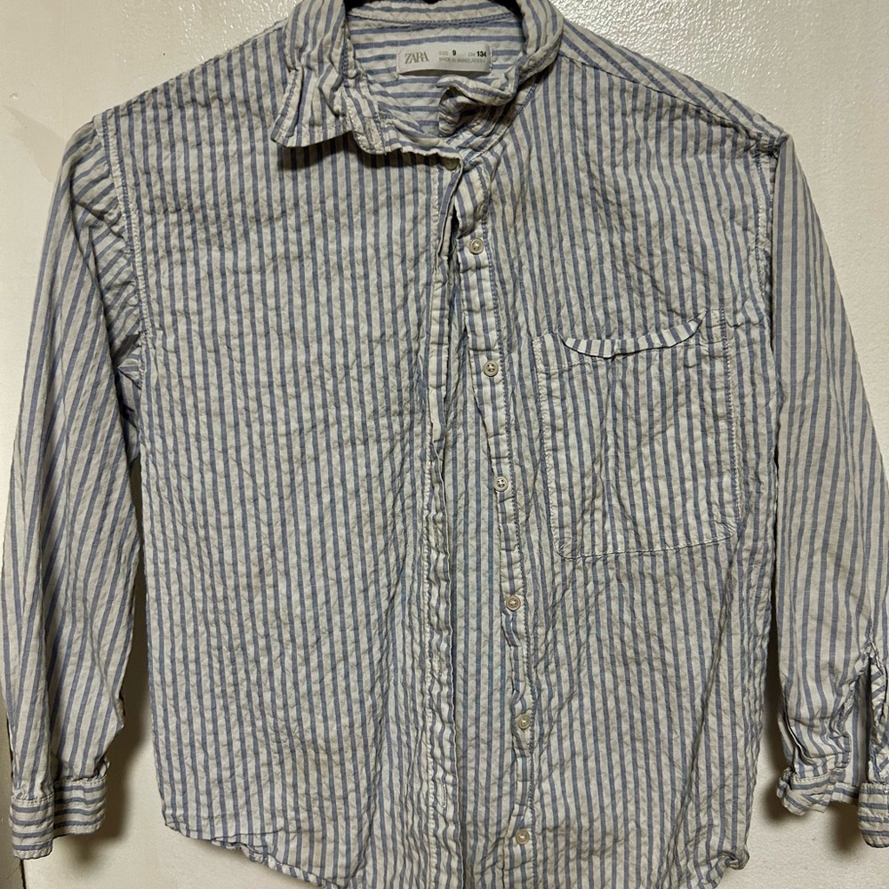 Zara Kids Girls Blue Striped Button Up LS Shirt